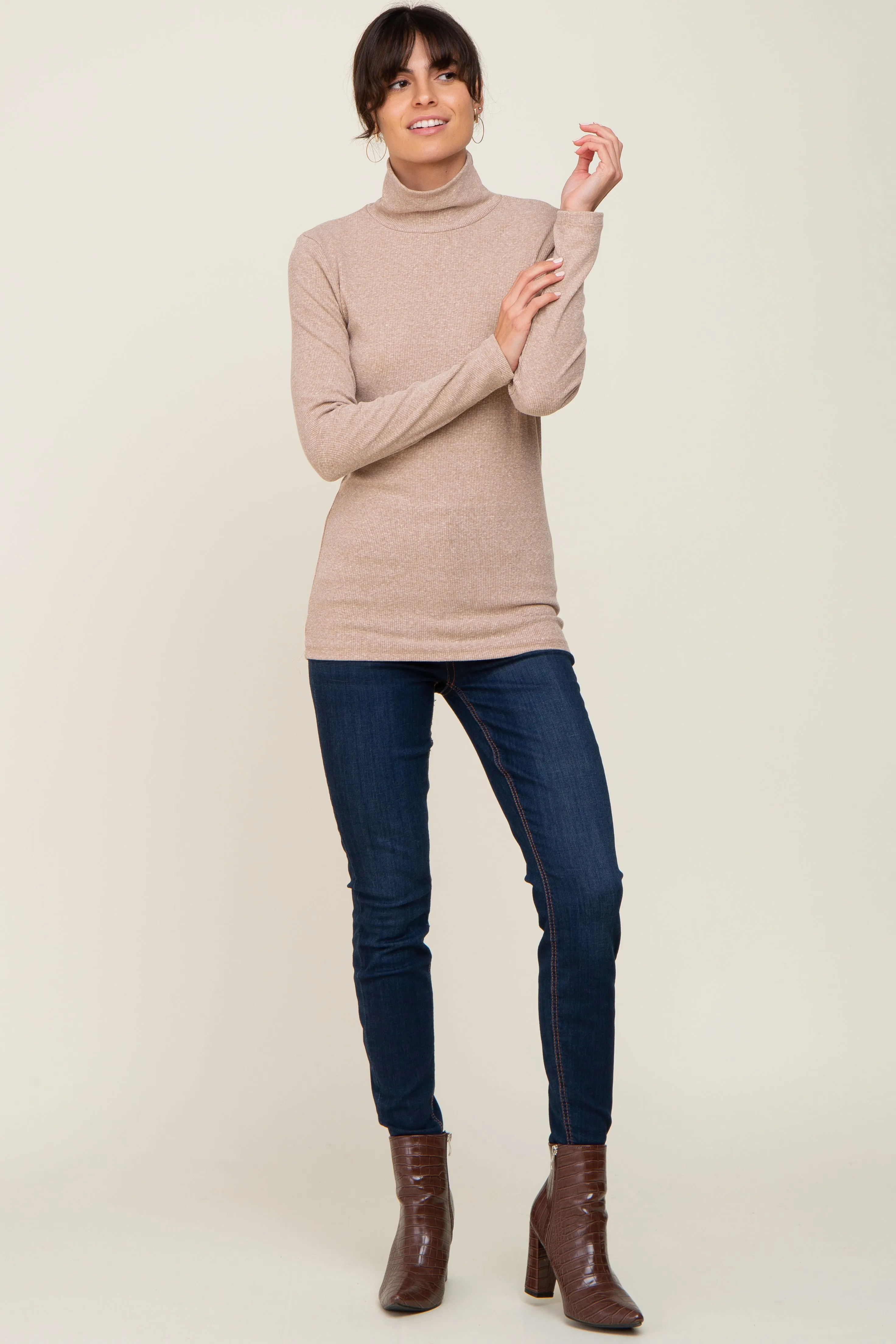 Mocha Heathered Ribbed Mock Neck Long Sleeve Top sold by Pinkblush product image thumbnail 4