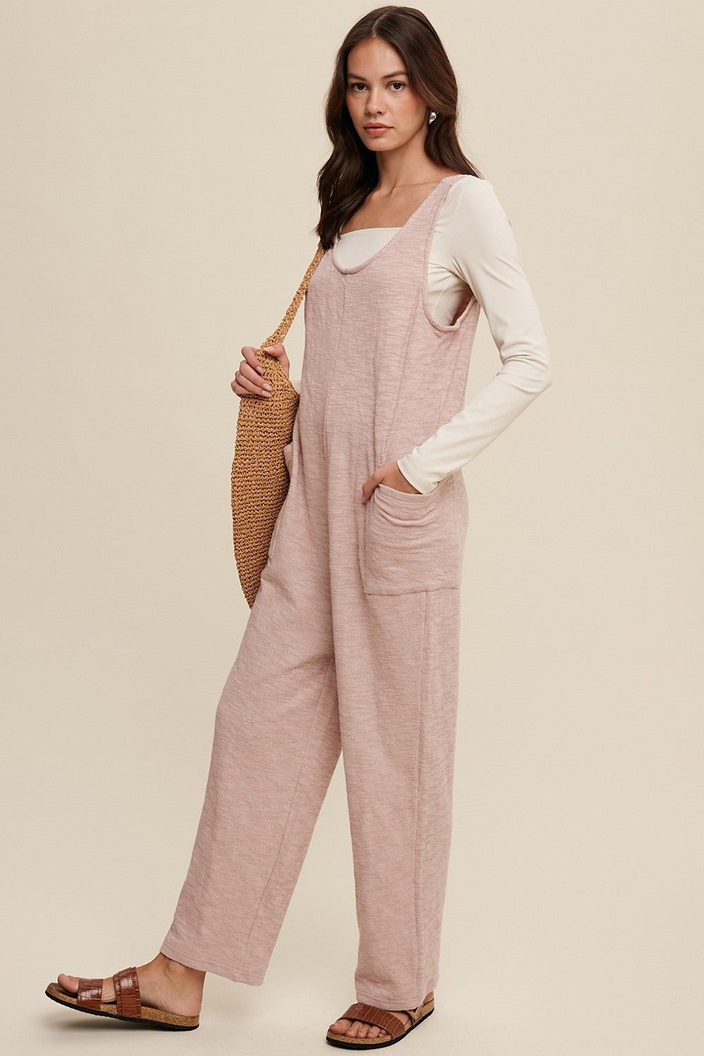 Light Pink Scoop Neck Sleeveless Maternity Jumpsuit sold by Pinkblush product image thumbnail 4