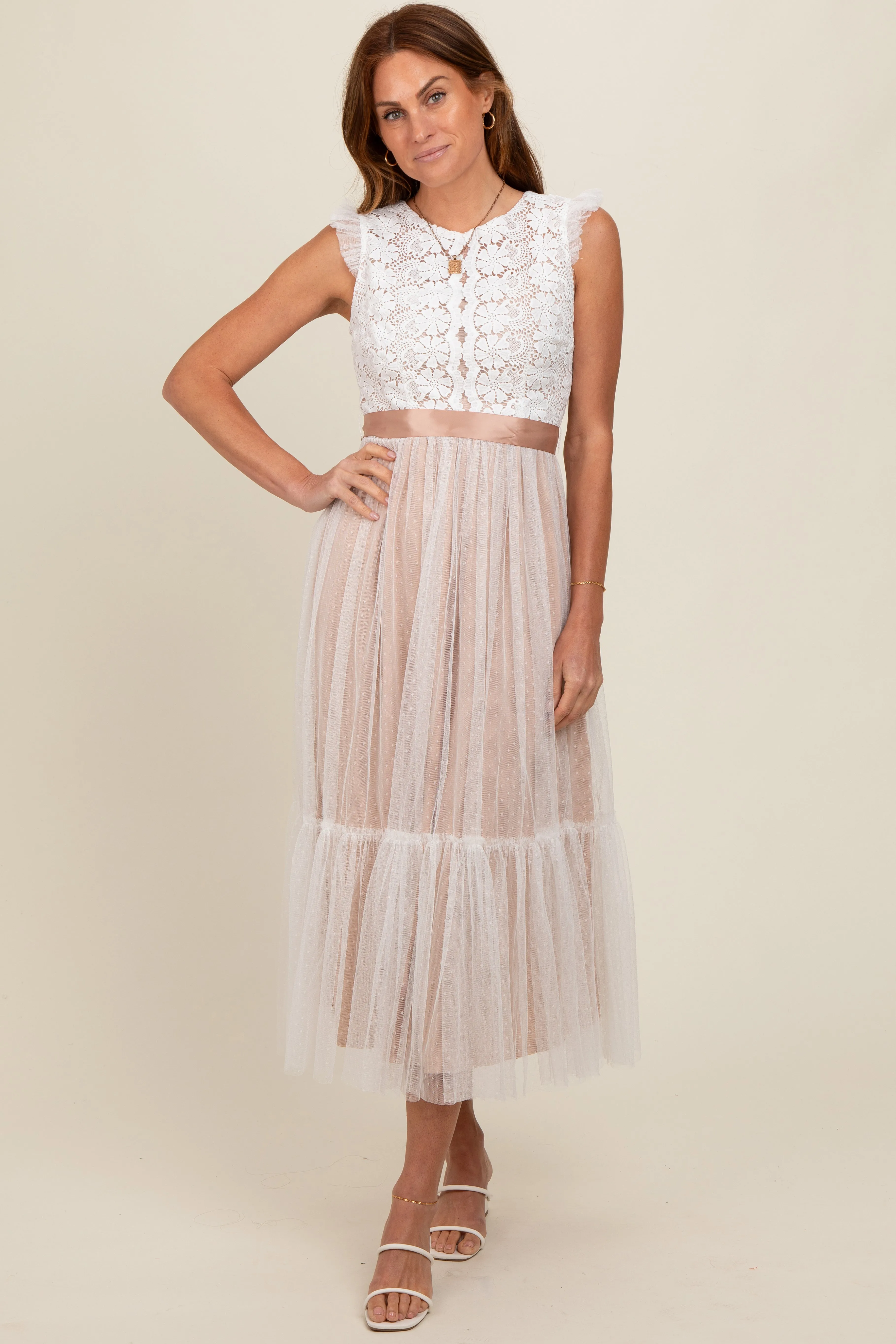 White Lace Contrast Tulle Maxi Dress sold by Pinkblush