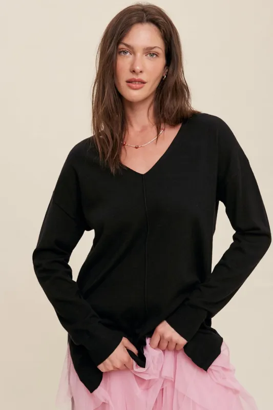 Black Oversized Knit Side Slit Top sold by Pinkblush
