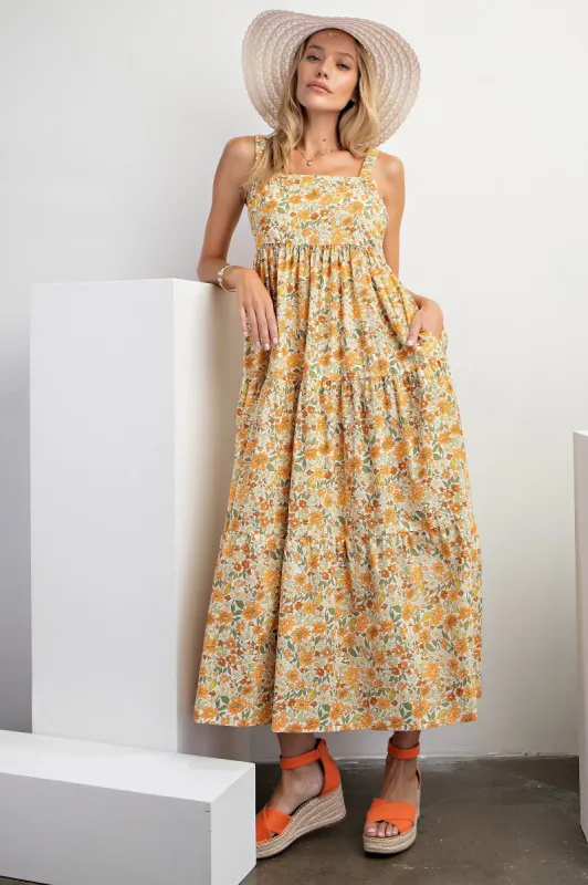 Yellow Floral Square Neck Cut Out Back Tiered Maxi Dress sold by Pinkblush