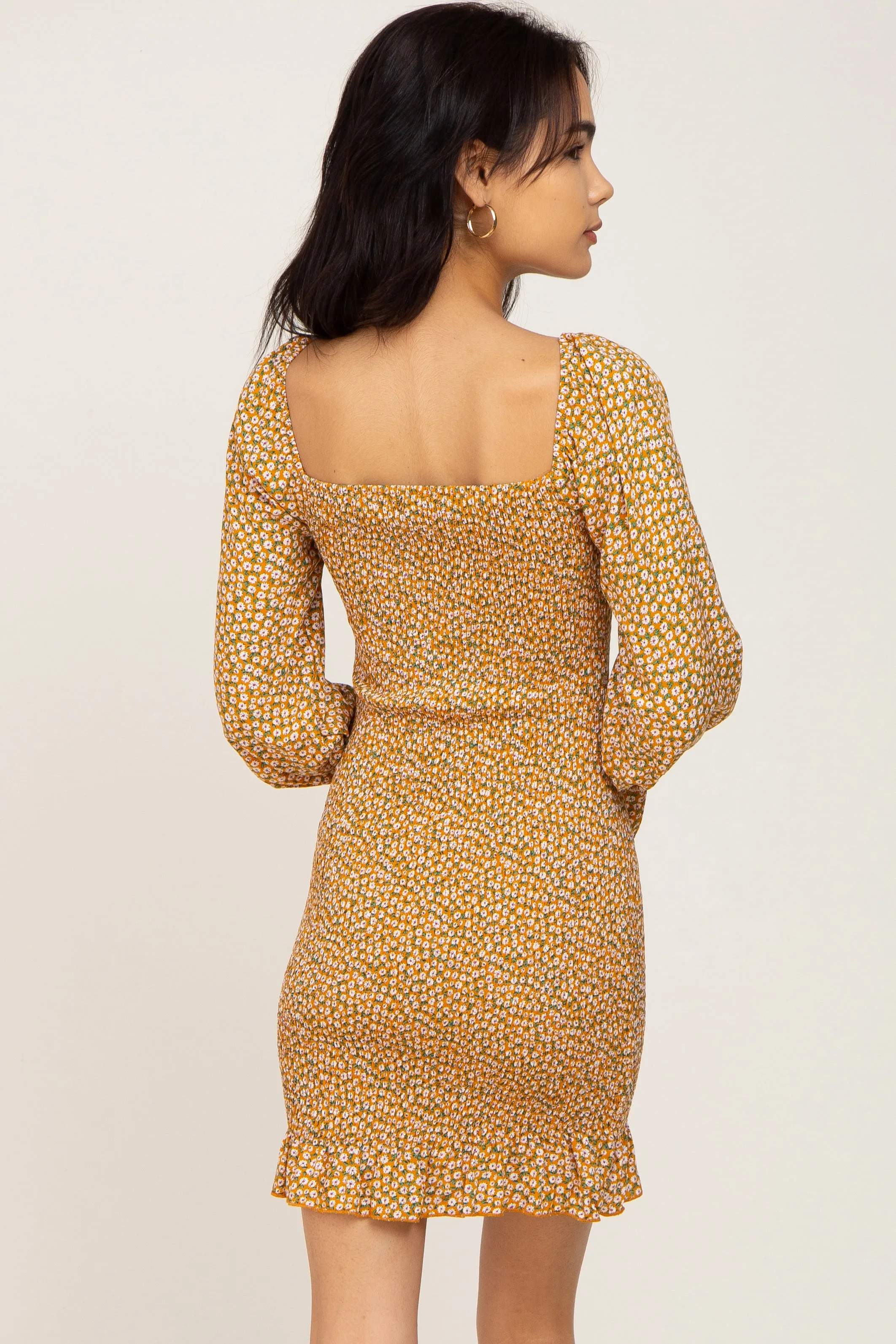 Yellow Ditsy Floral Smocked Long Sleeve Mini Dress sold by Pinkblush product image thumbnail 3