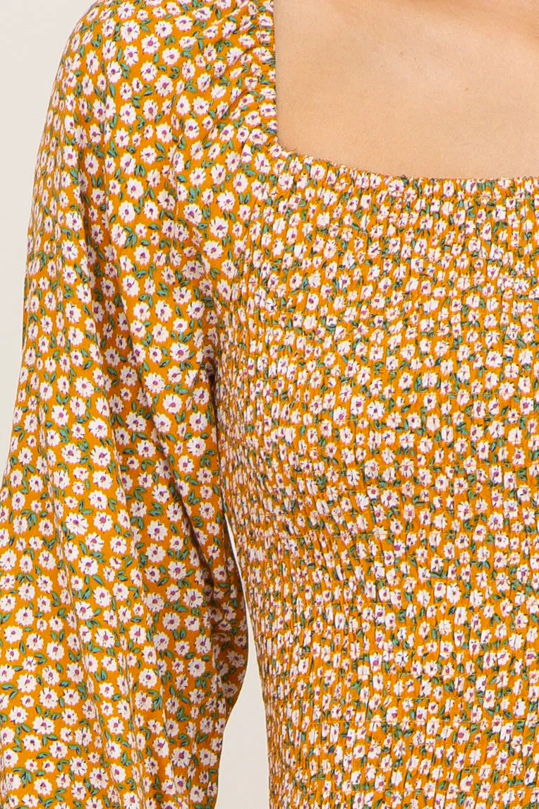 Yellow Ditsy Floral Smocked Long Sleeve Mini Dress sold by Pinkblush product image thumbnail 4
