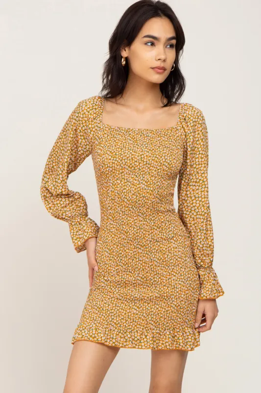 Yellow Ditsy Floral Smocked Long Sleeve Mini Dress sold by Pinkblush
