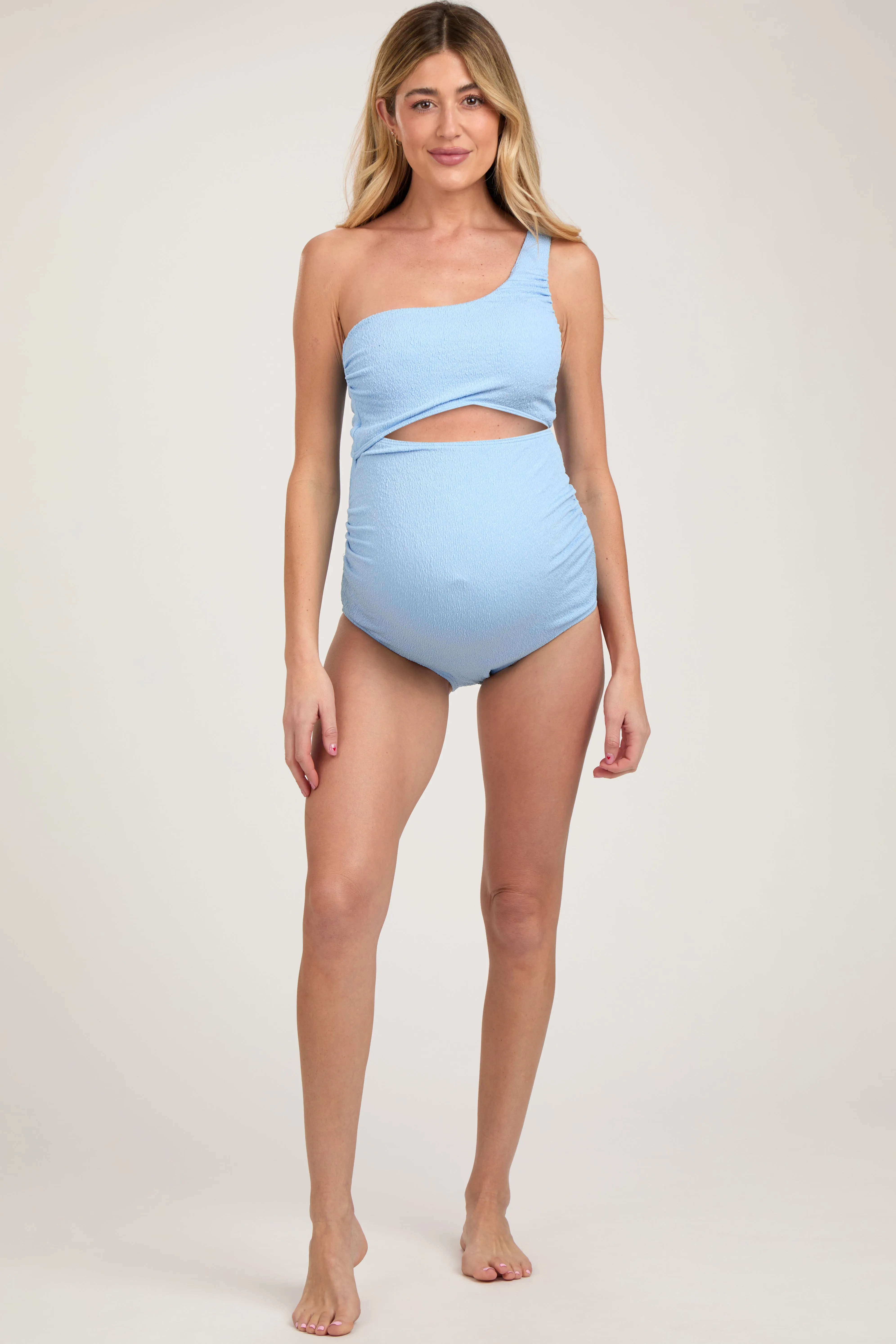 Light Blue Asymmetrical One Shoulder Side Cutout One-Piece Maternity Swimsuit sold by Pinkblush product image thumbnail 3