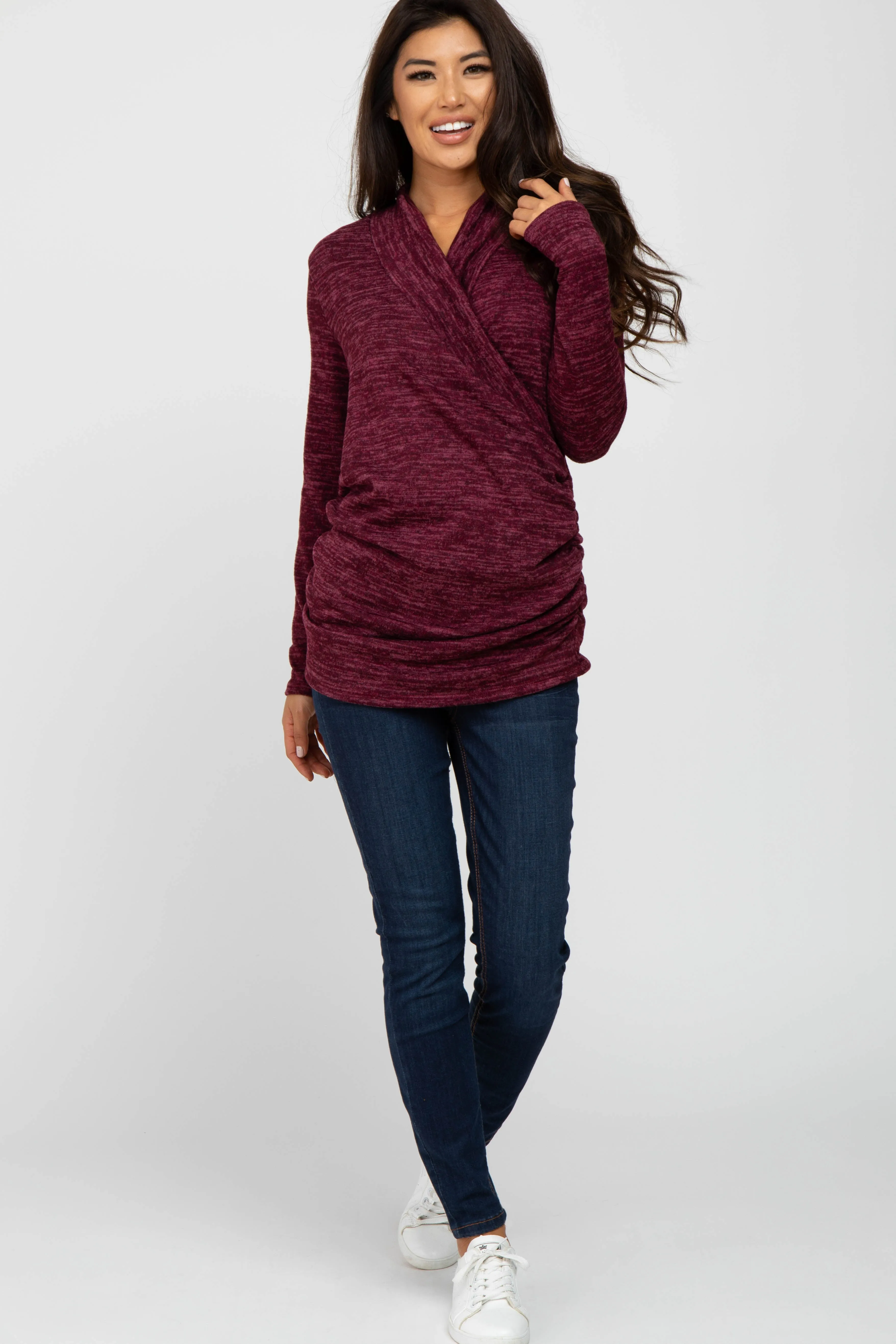 Burgundy Soft Heathered Draped Wrap Nursing Top sold by Pinkblush