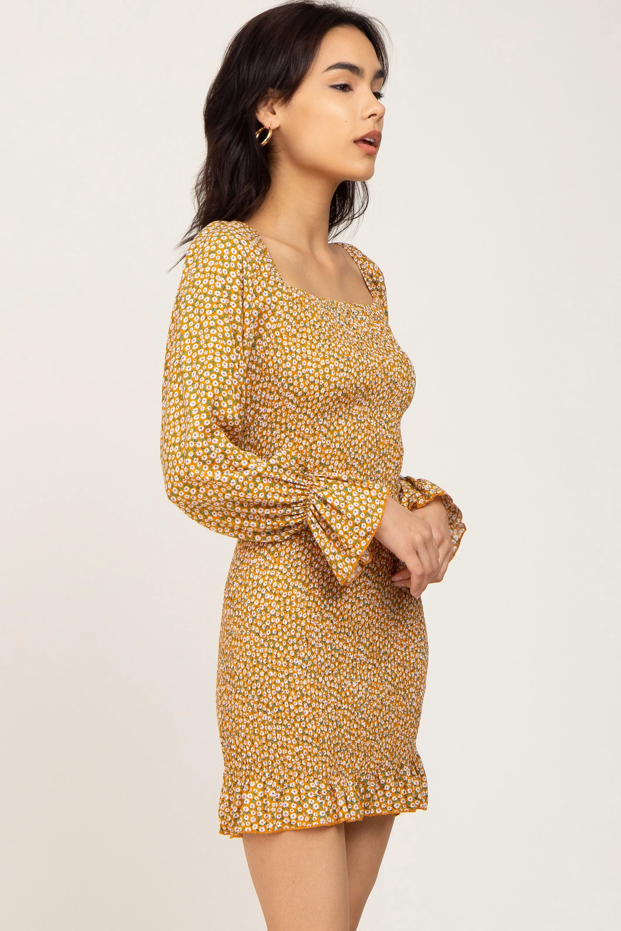 Yellow Ditsy Floral Smocked Long Sleeve Mini Dress sold by Pinkblush product image thumbnail 2
