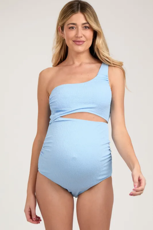Light Blue Asymmetrical One Shoulder Side Cutout One-Piece Maternity Swimsuit sold by Pinkblush