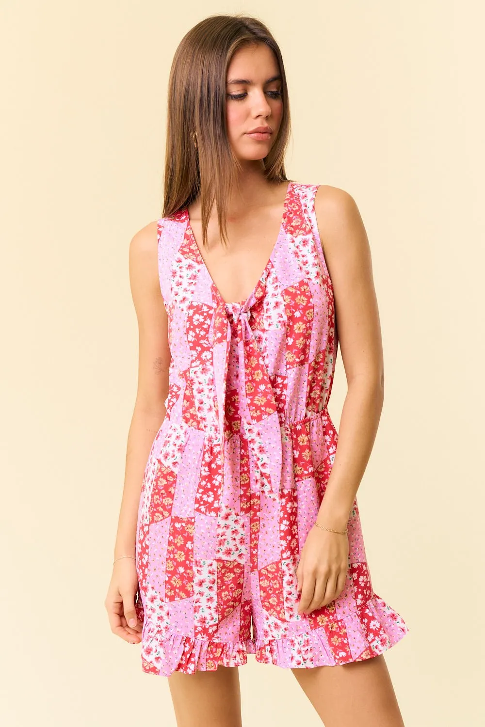 Coral Pink Floral Patchwork Print Tie Front Hem Romper sold by Pinkblush product image thumbnail 2