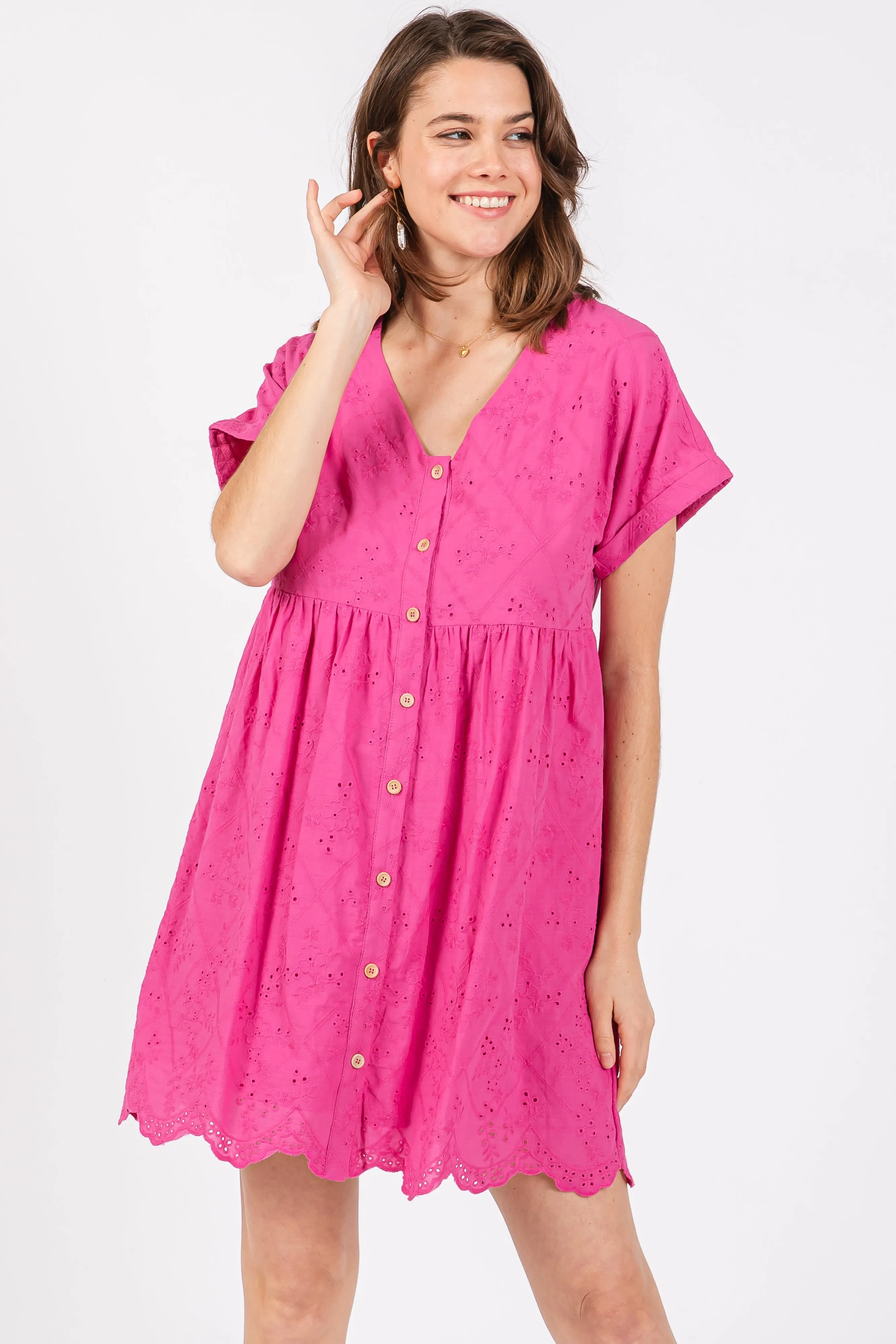 Fuchsia Eyelet Button Front Short Sleeve Dress sold by Pinkblush