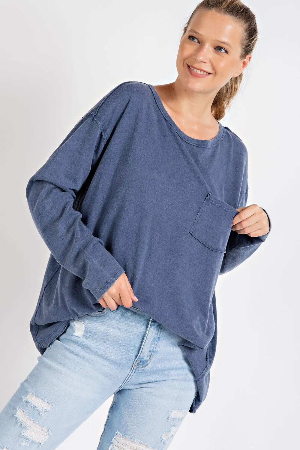 Navy Blue Mineral Wash Front Pocket Long Sleeve Top sold by Pinkblush product image thumbnail 2