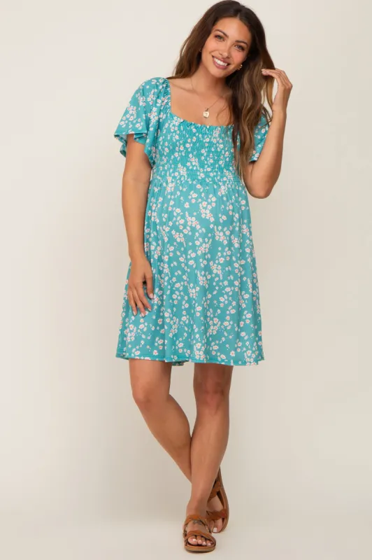 Teal Floral Smocked Maternity Dress sold by Pinkblush