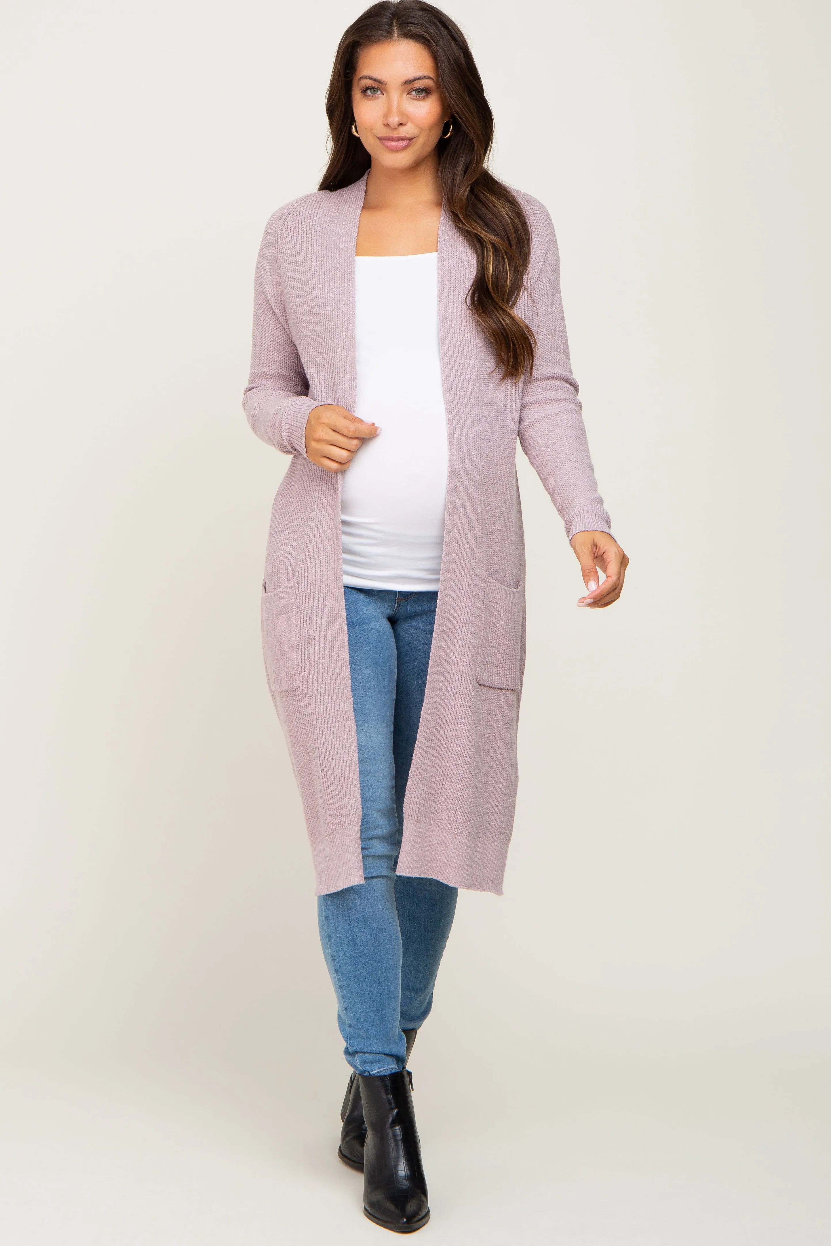 Mauve Open Front Long Maternity Cardigan sold by Pinkblush