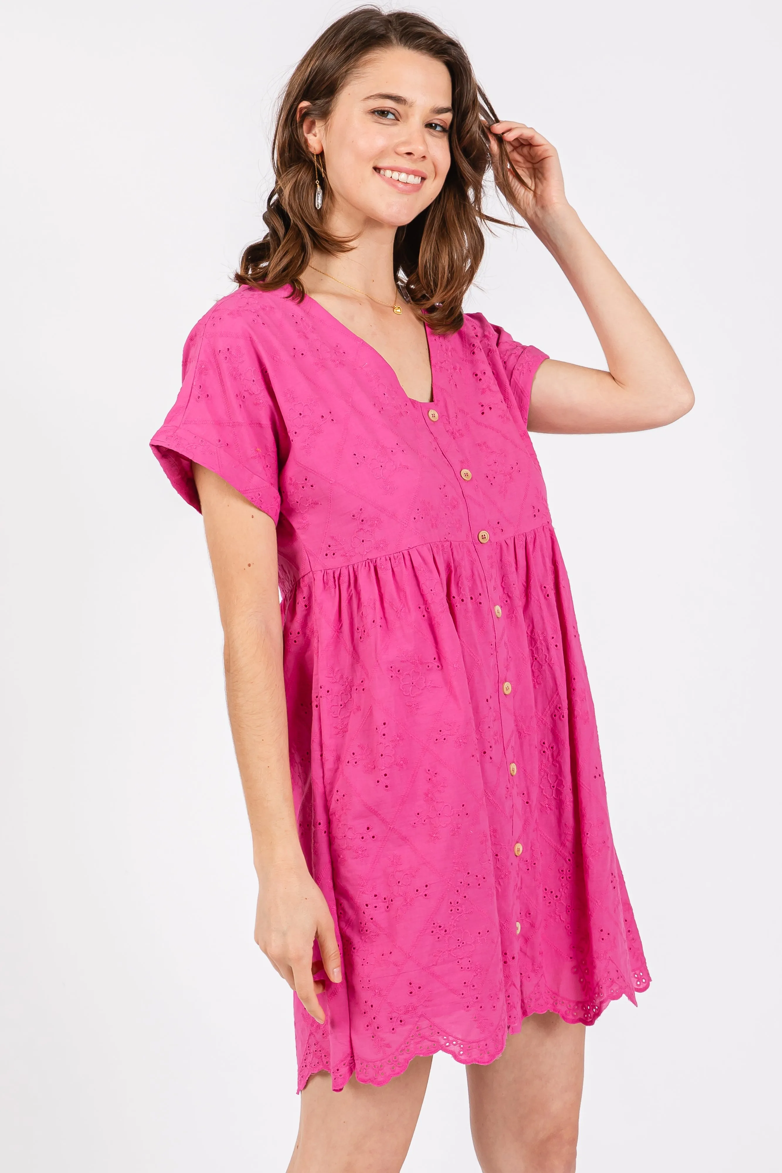 Fuchsia Eyelet Button Front Short Sleeve Dress sold by Pinkblush product image thumbnail 2