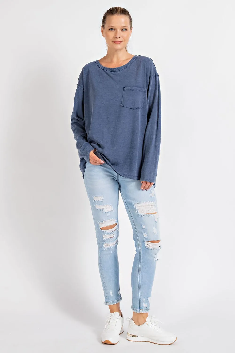 Navy Blue Mineral Wash Front Pocket Long Sleeve Top sold by Pinkblush product image thumbnail 3