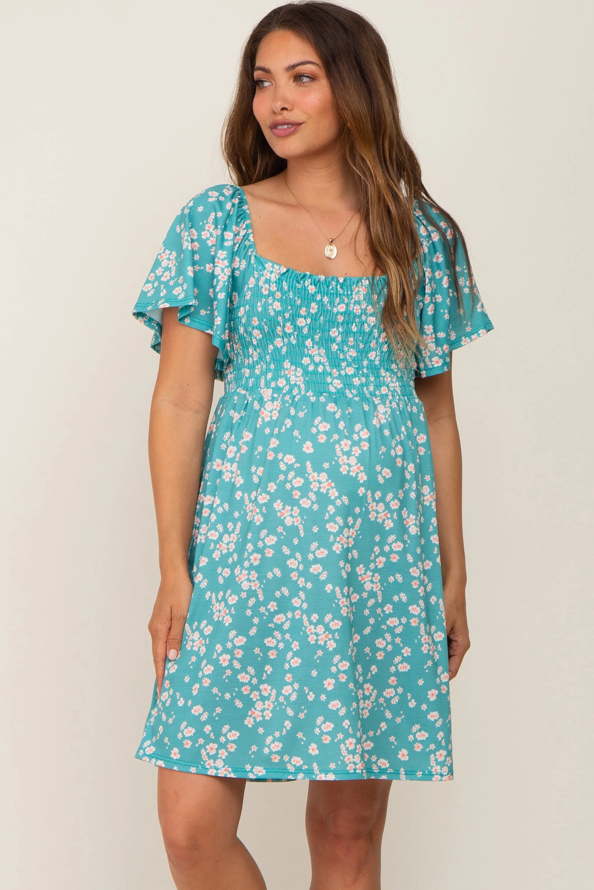 Teal Floral Smocked Maternity Dress sold by Pinkblush product image thumbnail 2