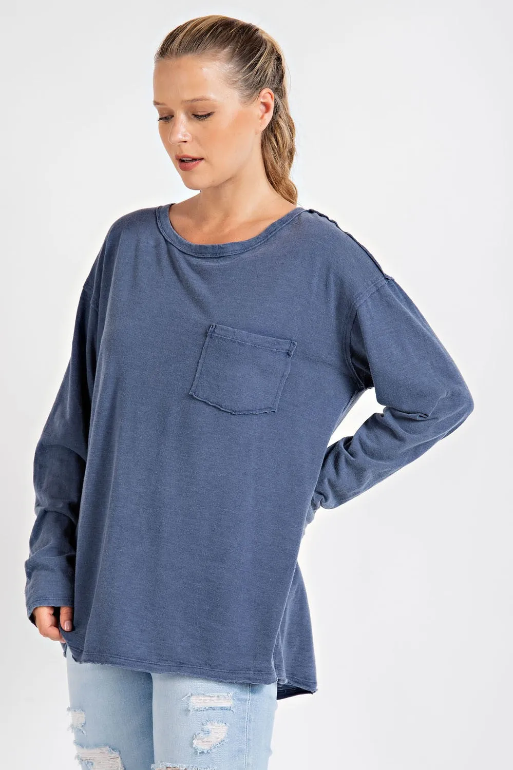 Navy Blue Mineral Wash Front Pocket Long Sleeve Top sold by Pinkblush