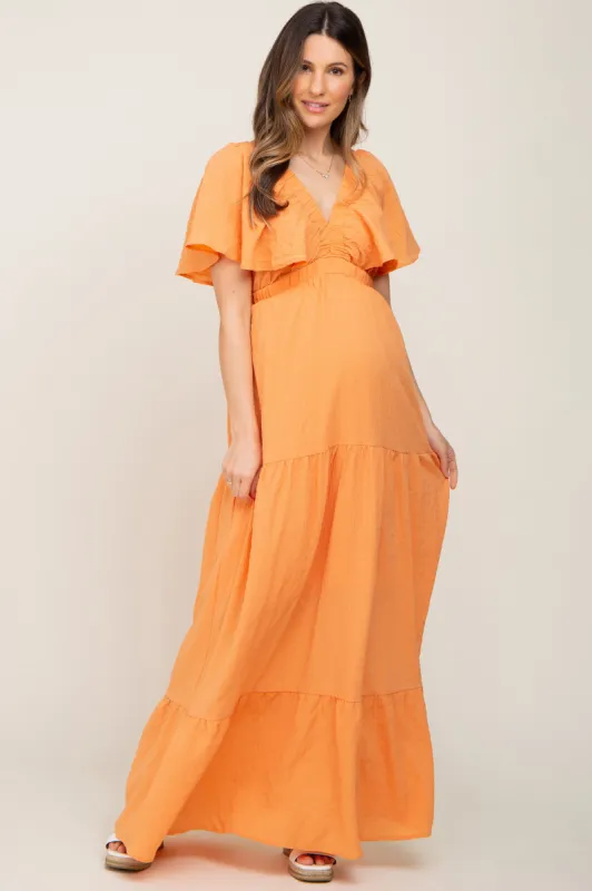 Orange Crepe Flounce Sleeve Tiered Maternity Maxi Dress sold by Pinkblush