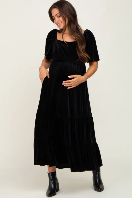 Black Velvet Tiered Maternity Maxi Dress sold by Pinkblush