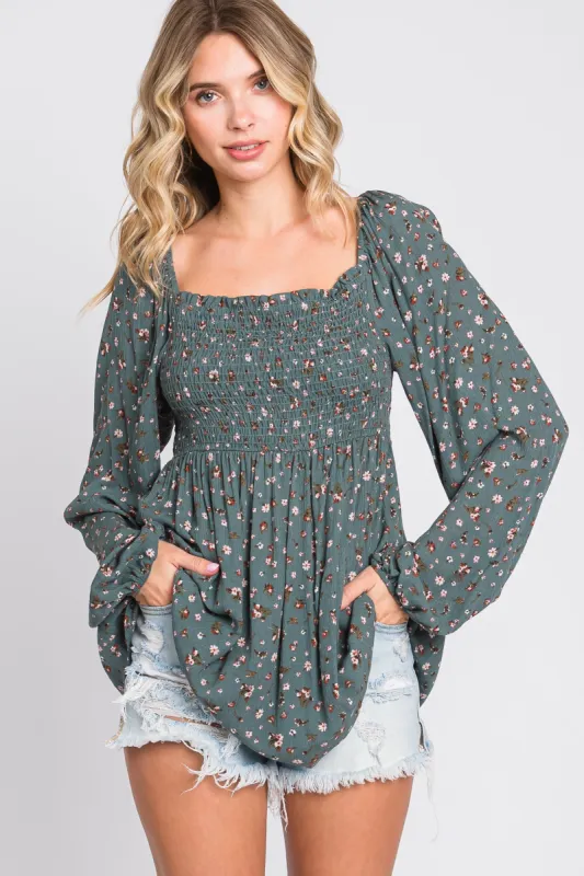 Green Floral Smocked Long Sleeve Top sold by Pinkblush