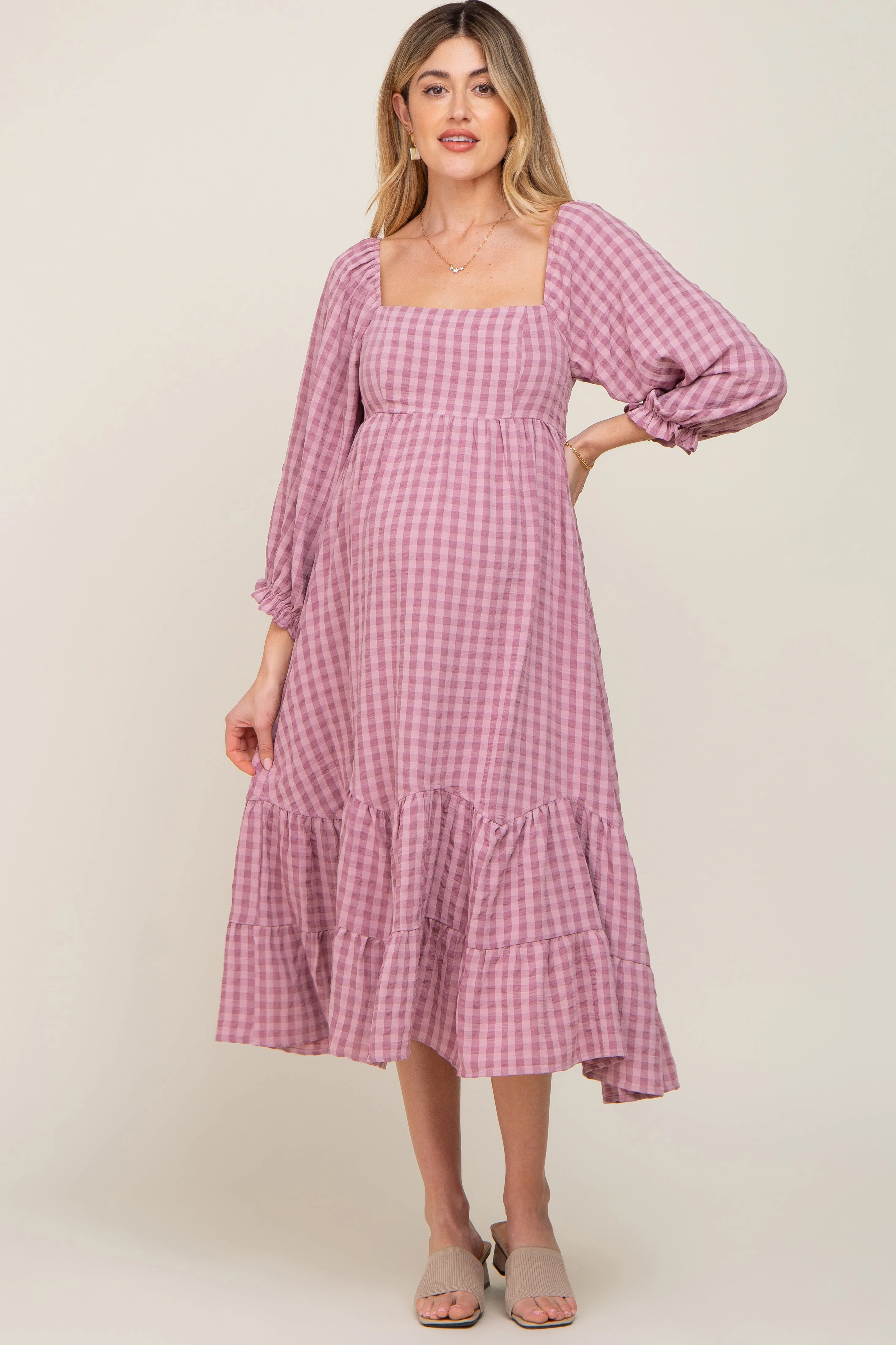 Mauve Striped 3/4 Cinched Sleeve Tiered Maternity Midi Dress sold by Pinkblush product image thumbnail 5