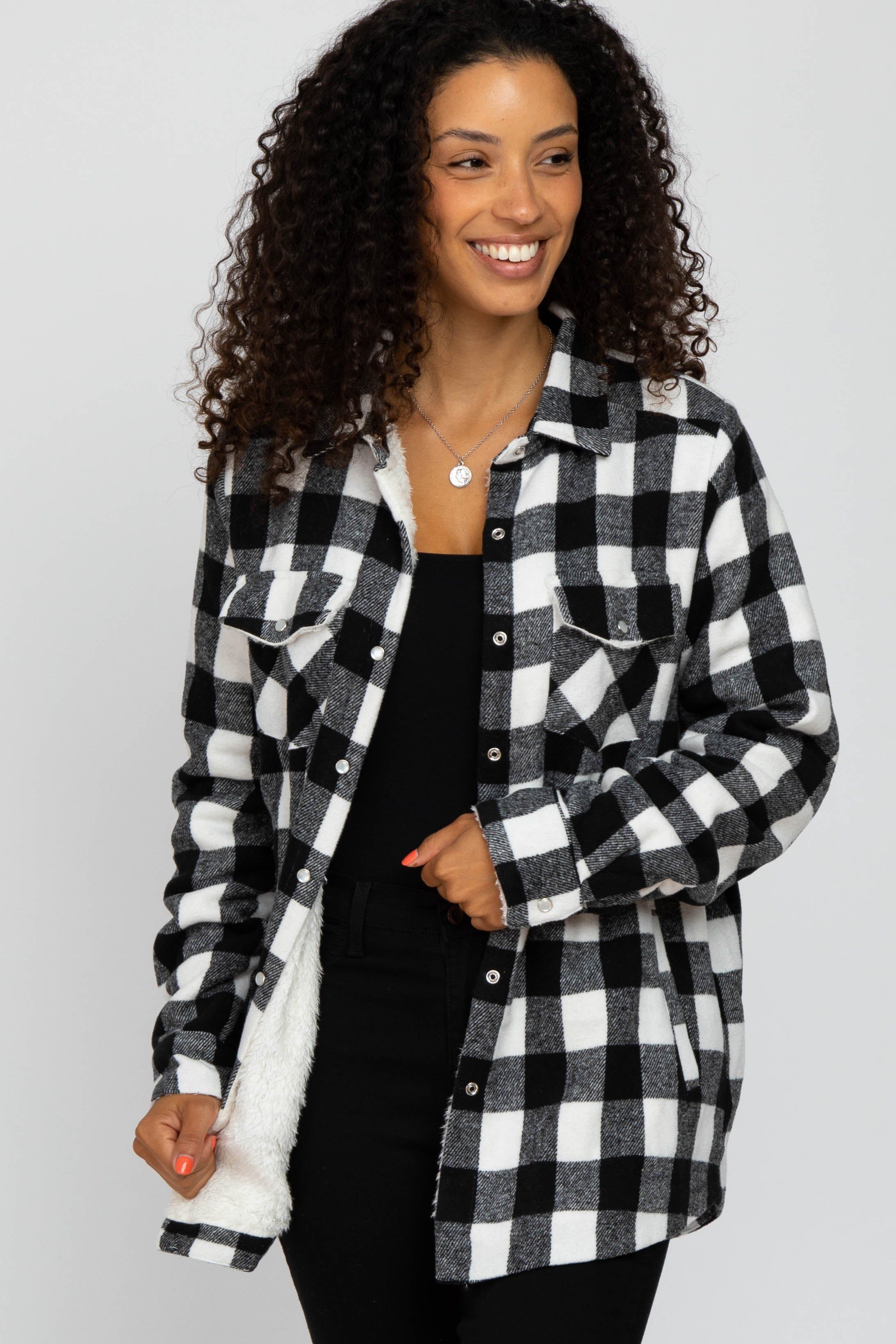 White Black Plaid Sherpa Lined Jacket sold by Pinkblush