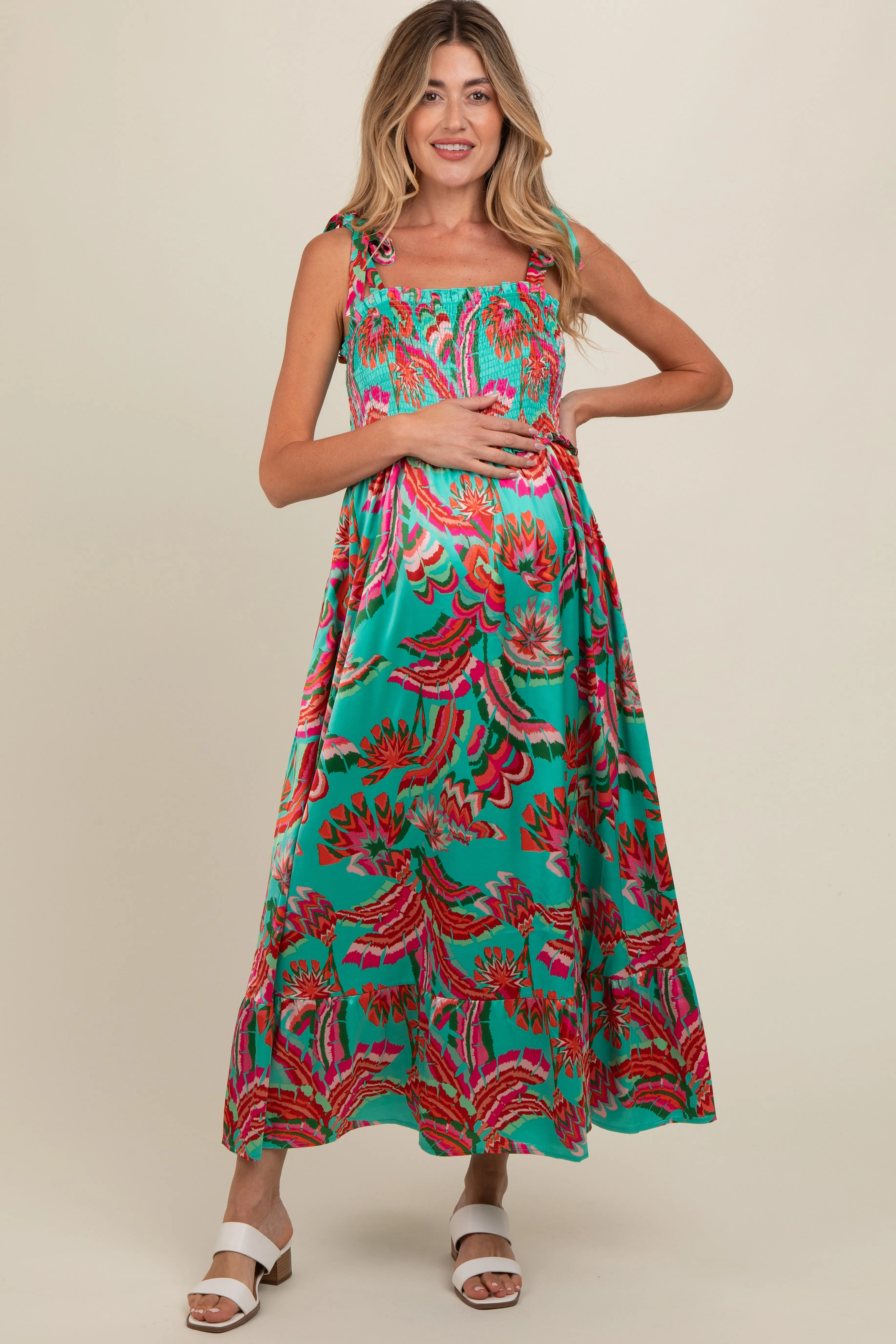 Turquoise Printed Smocked Bodice Maternity Maxi Dress sold by Pinkblush
