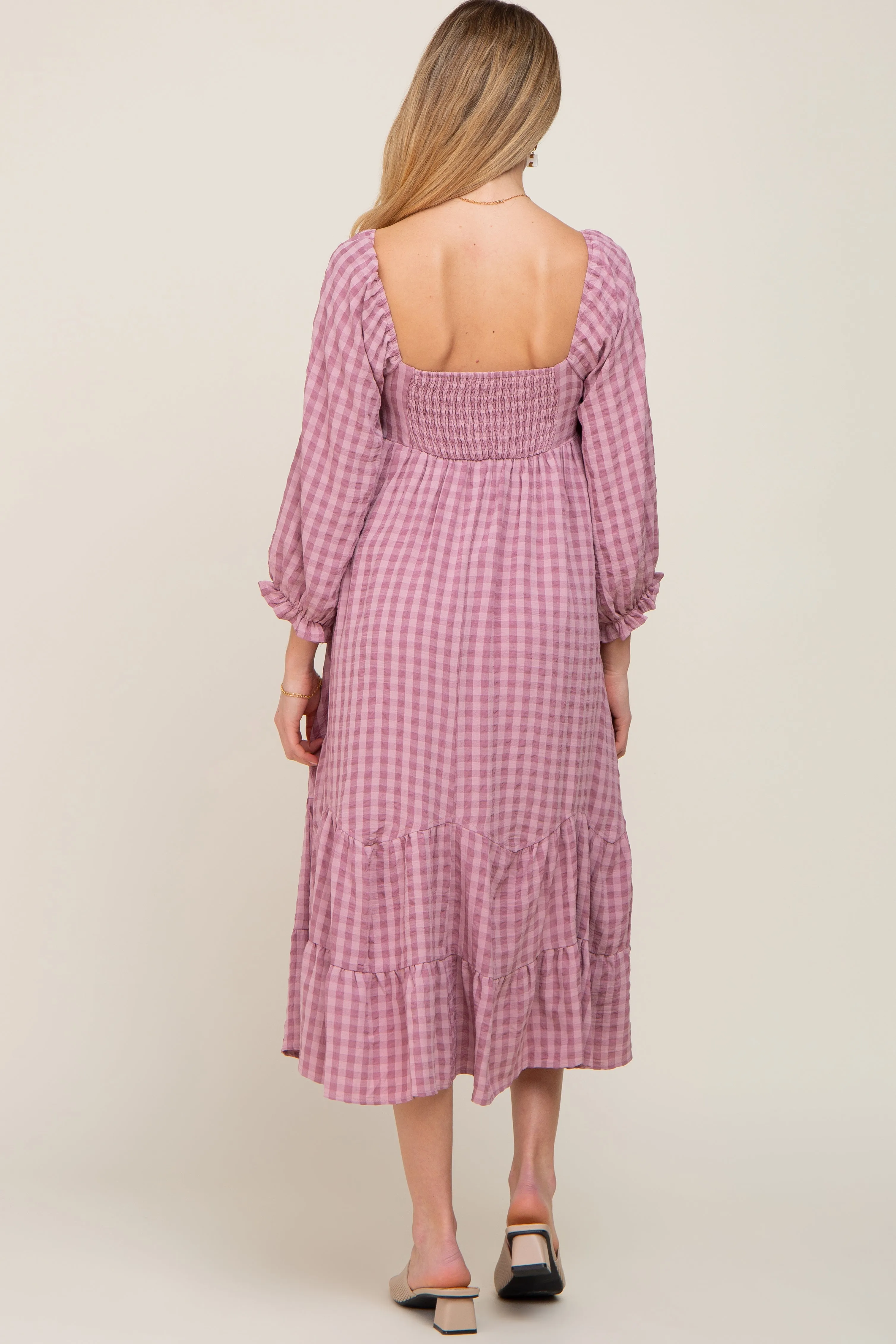 Mauve Striped 3/4 Cinched Sleeve Tiered Maternity Midi Dress sold by Pinkblush product image thumbnail 3