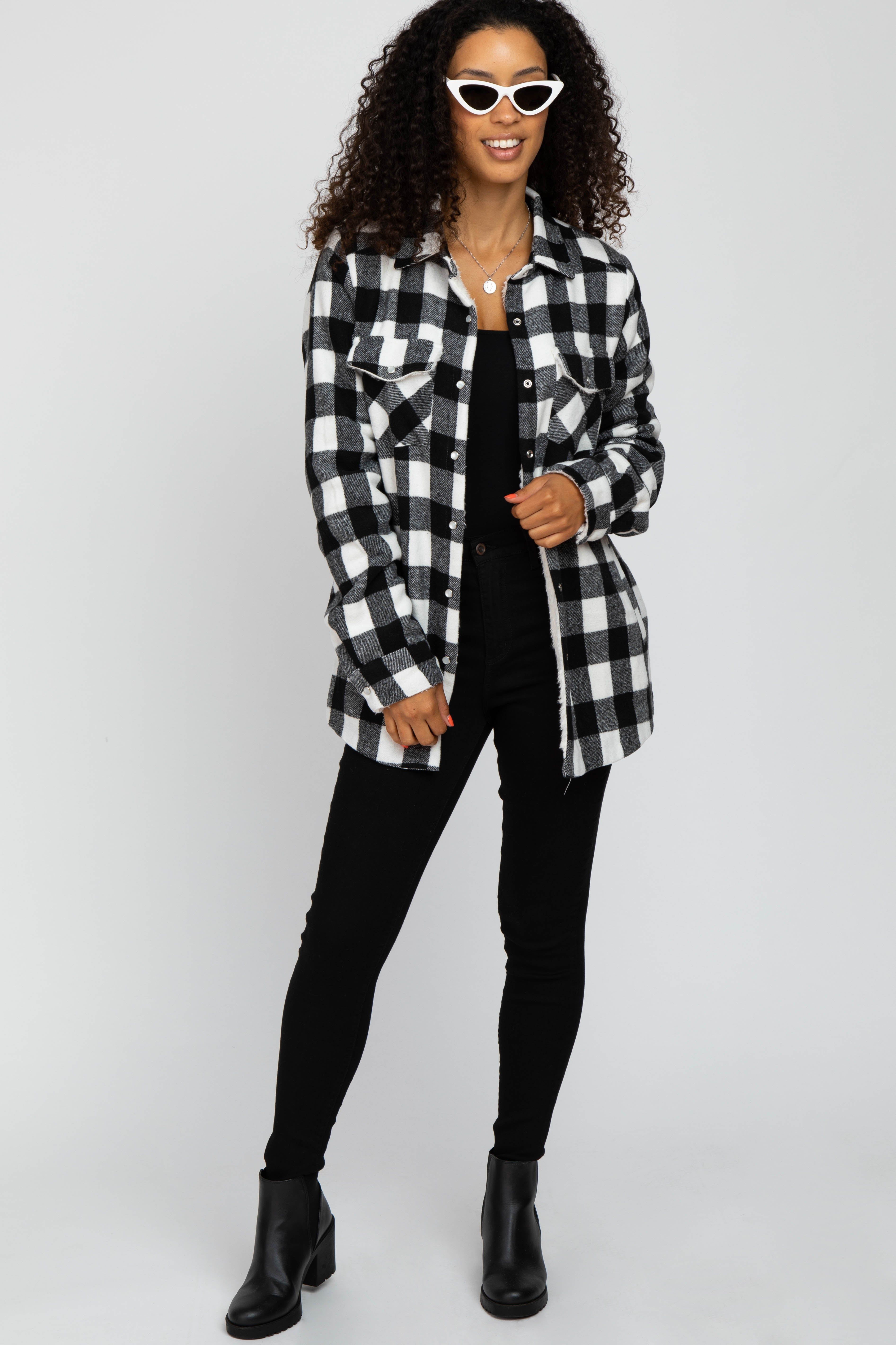 White Black Plaid Sherpa Lined Jacket sold by Pinkblush product image thumbnail 5