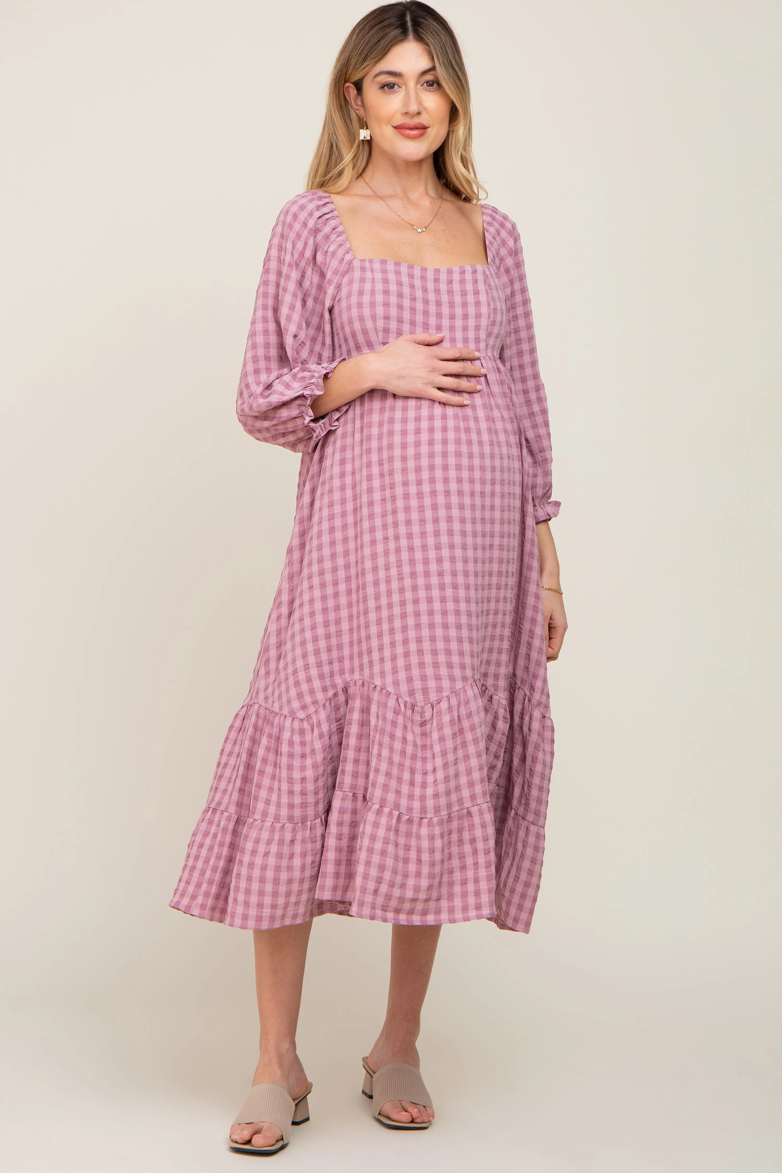 Mauve Striped 3/4 Cinched Sleeve Tiered Maternity Midi Dress sold by Pinkblush product image thumbnail 4