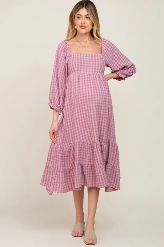 Mauve Striped 3/4 Cinched Sleeve Tiered Maternity Midi Dress sold by Pinkblush
