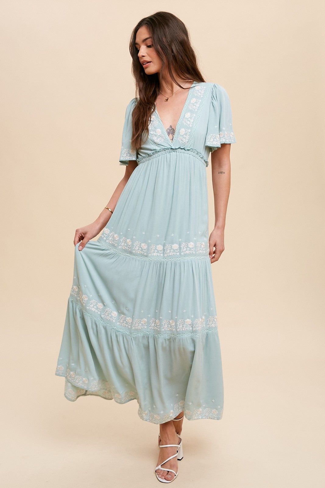 Mint Green Floral Embroidered Tiered Maxi Dress sold by Pinkblush product image thumbnail 4