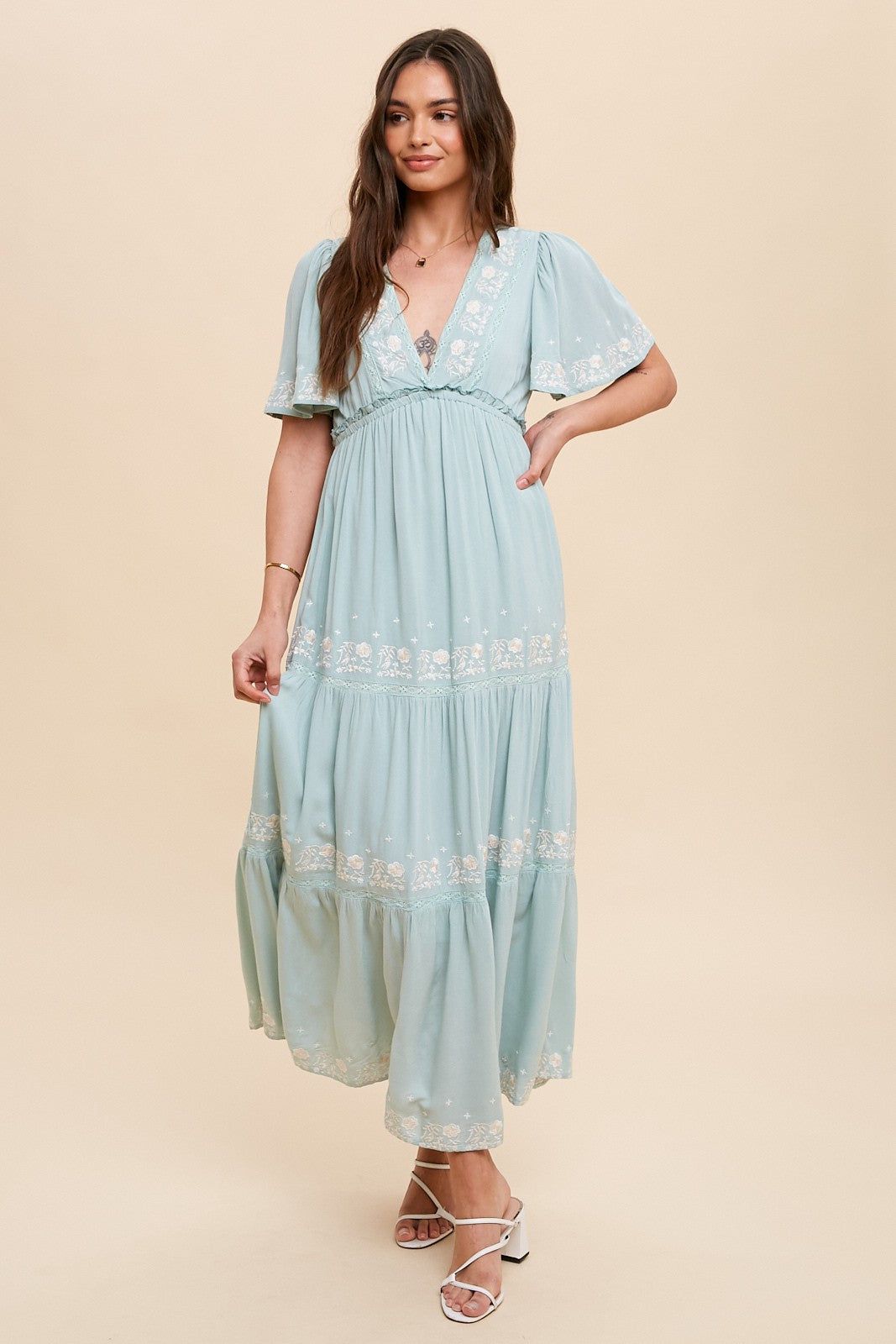 Mint Green Floral Embroidered Tiered Maxi Dress sold by Pinkblush