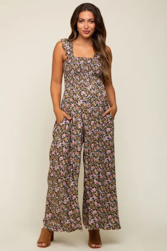 Black Sleeveless Floral Smocked Ruffle Maternity Jumpsuit sold by Pinkblush