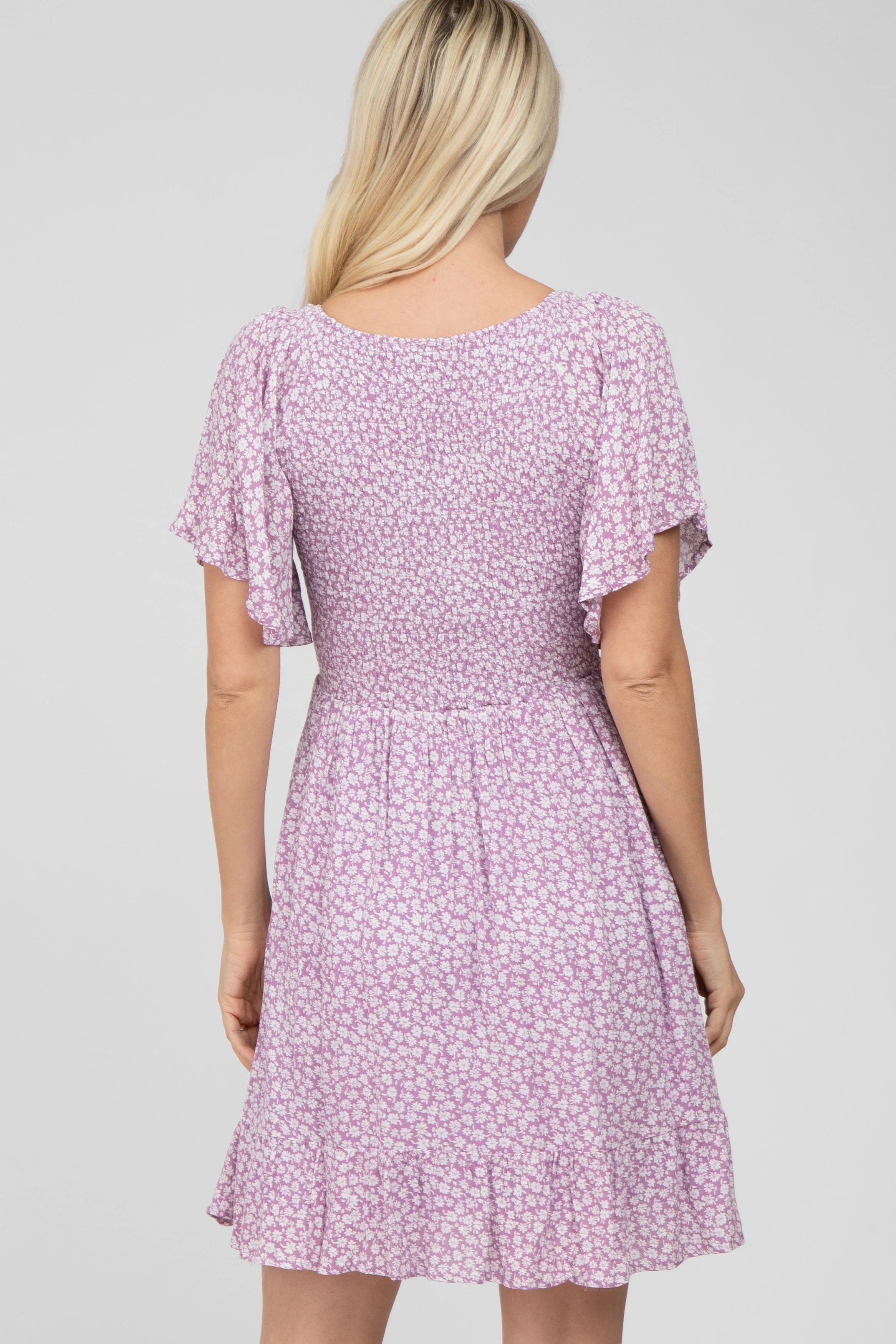 Lavender Floral Print Smocked V-Neck Dress sold by Pinkblush product image thumbnail 4