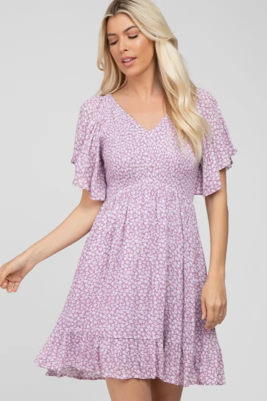 Lavender Floral Print Smocked V-Neck Dress sold by Pinkblush