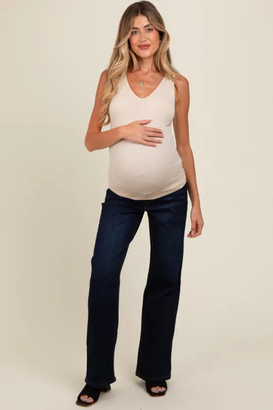 Navy Blue Basic Wide Leg Maternity Jeans sold by Pinkblush