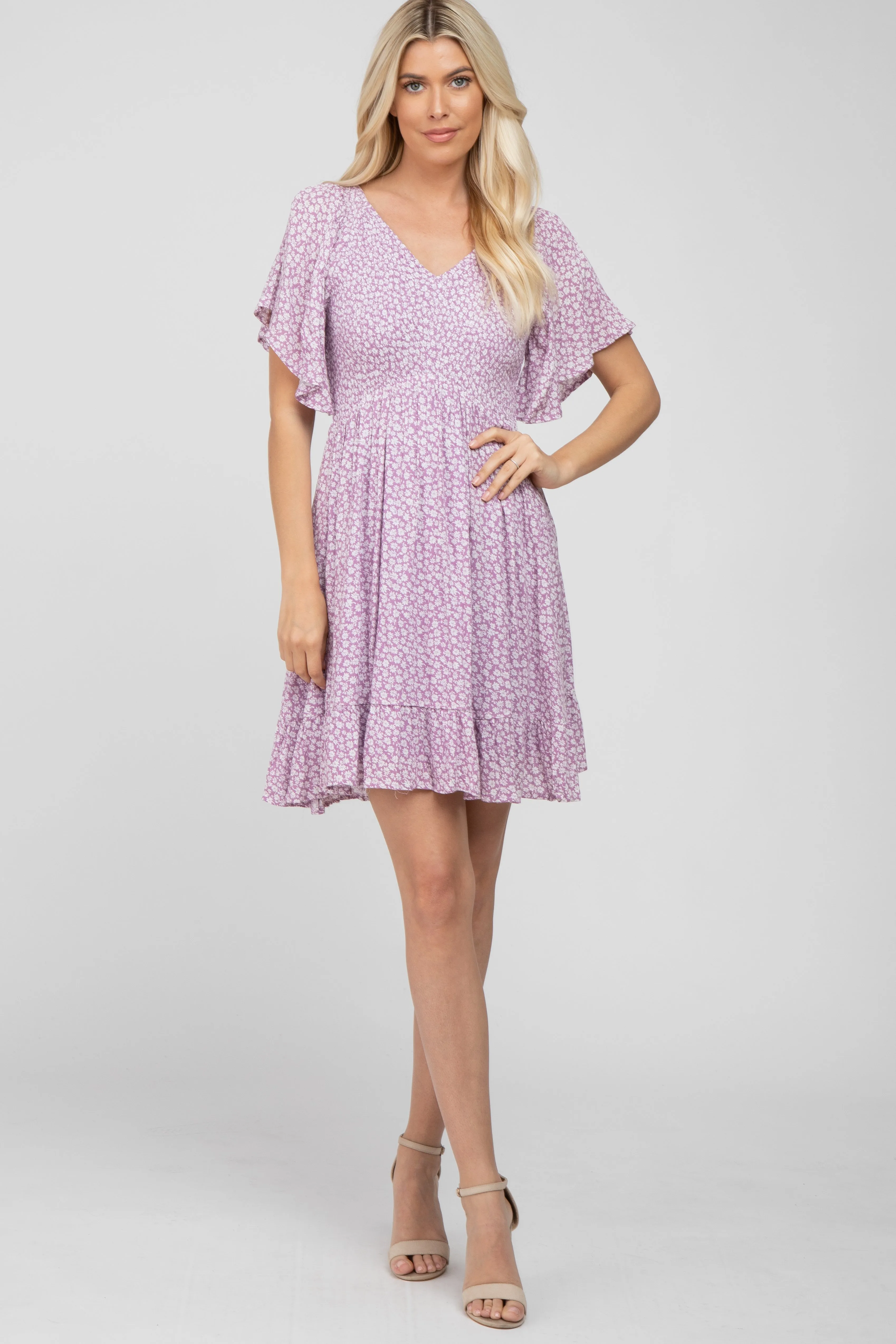 Lavender Floral Print Smocked V-Neck Dress sold by Pinkblush product image thumbnail 2