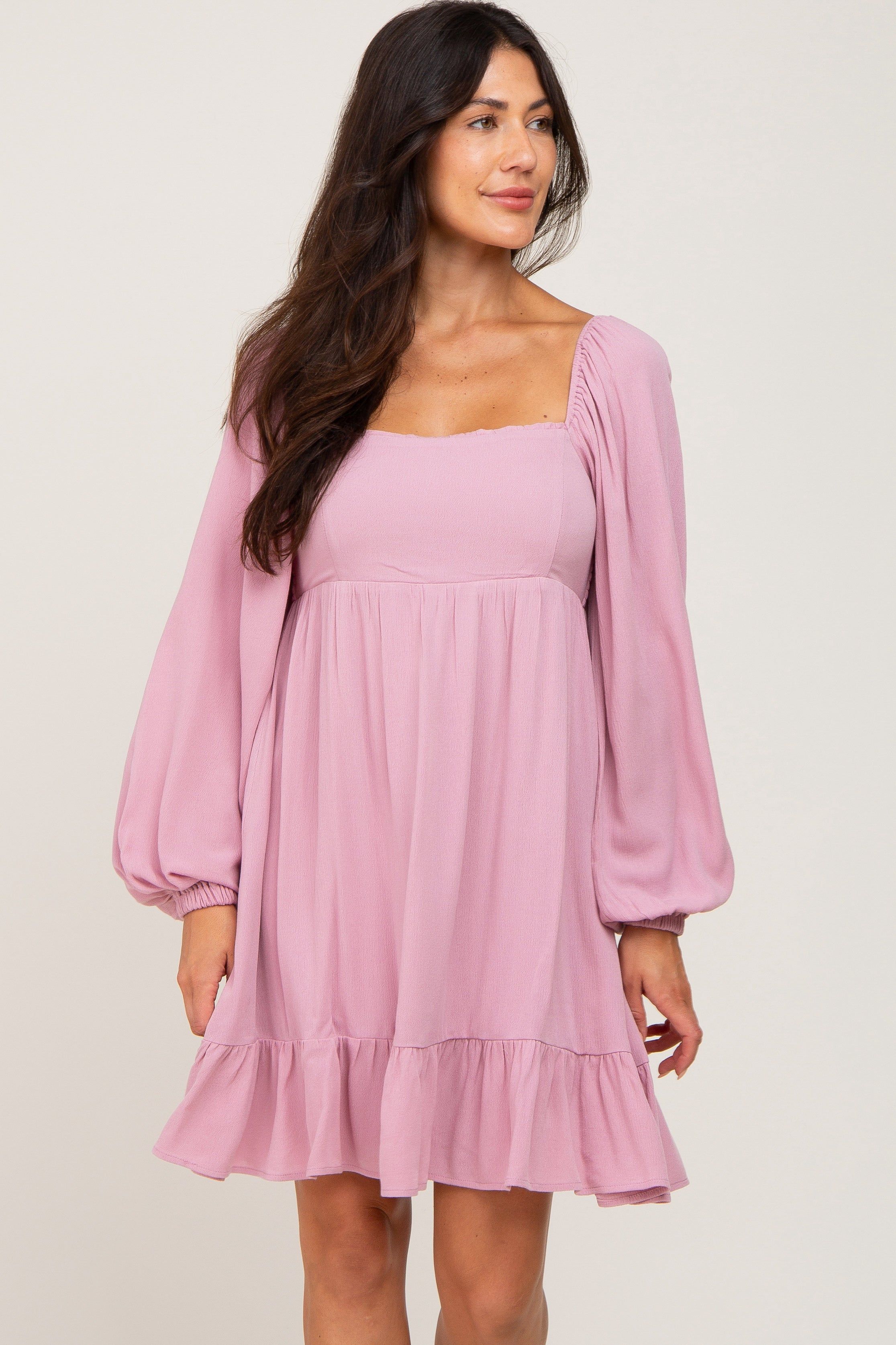 Mauve Square Neck Puff Long Sleeve Dress sold by Pinkblush