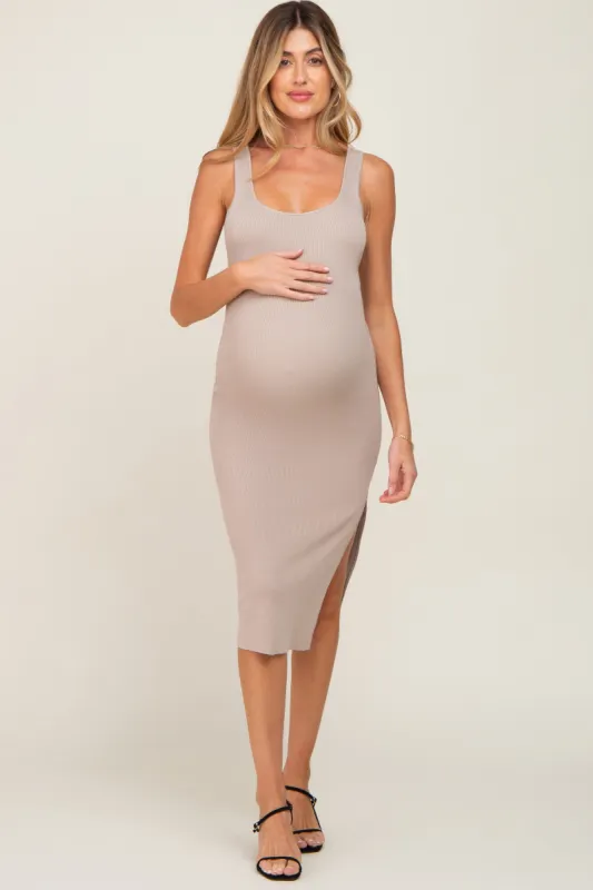 Beige Knit Fitted Maternity Midi Dress sold by Pinkblush