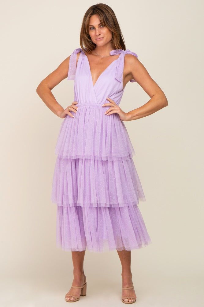 Lavender Sleeveless Tiered Tie Strap Tulle Midi Dress sold by Pinkblush product image thumbnail 4