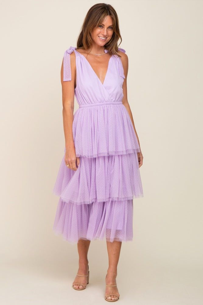 Lavender Sleeveless Tiered Tie Strap Tulle Midi Dress sold by Pinkblush