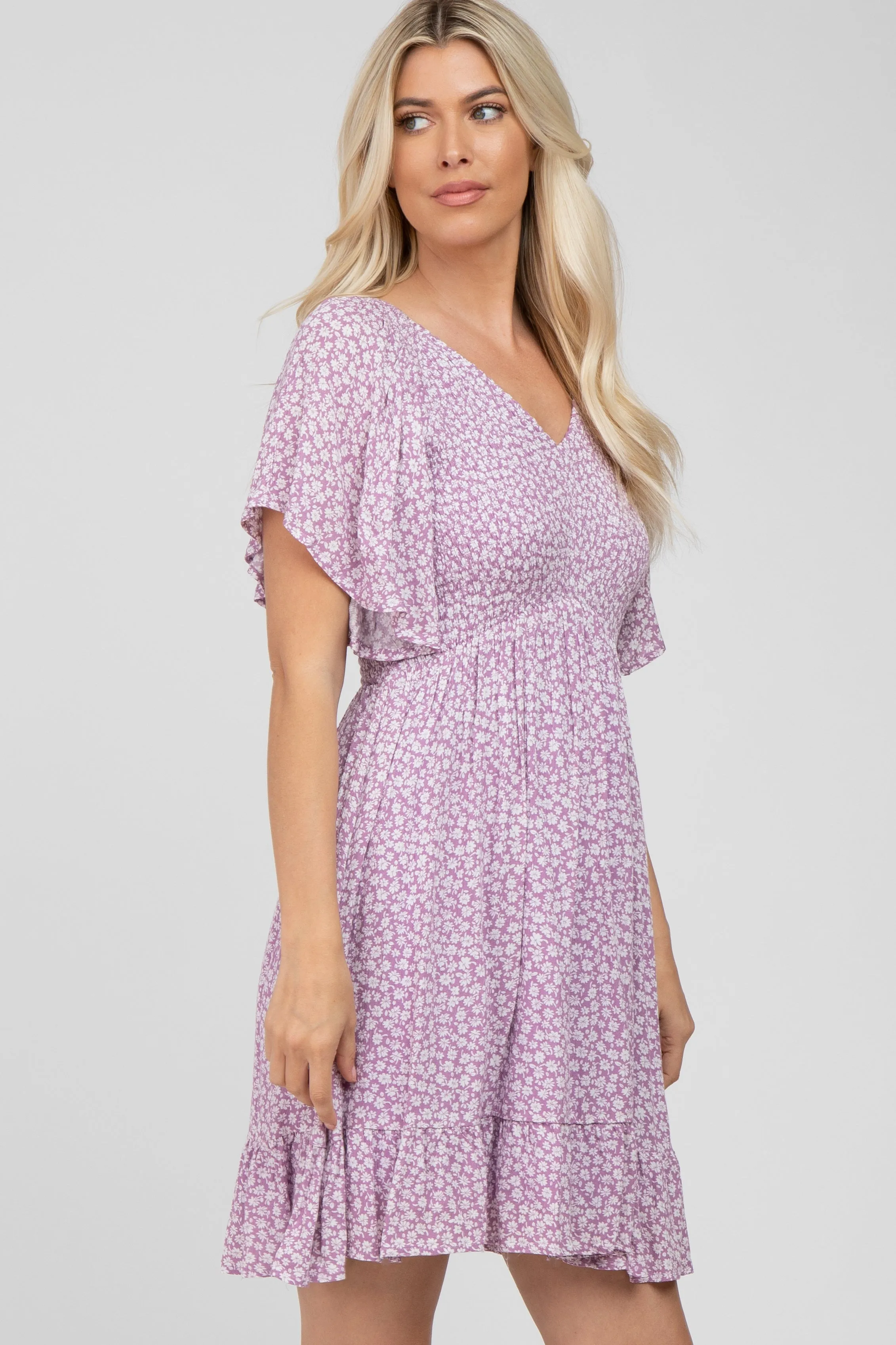 Lavender Floral Print Smocked V-Neck Dress sold by Pinkblush product image thumbnail 3