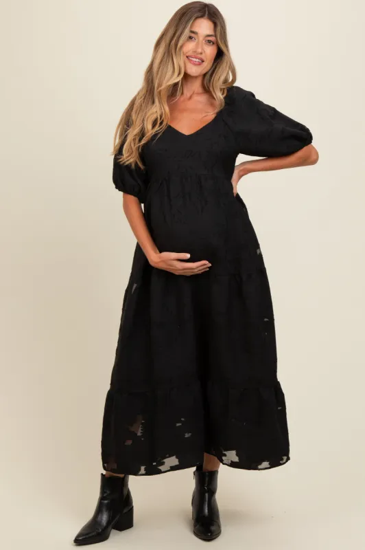 Black Floral Textured Tiered Midi Maternity Dress sold by Pinkblush