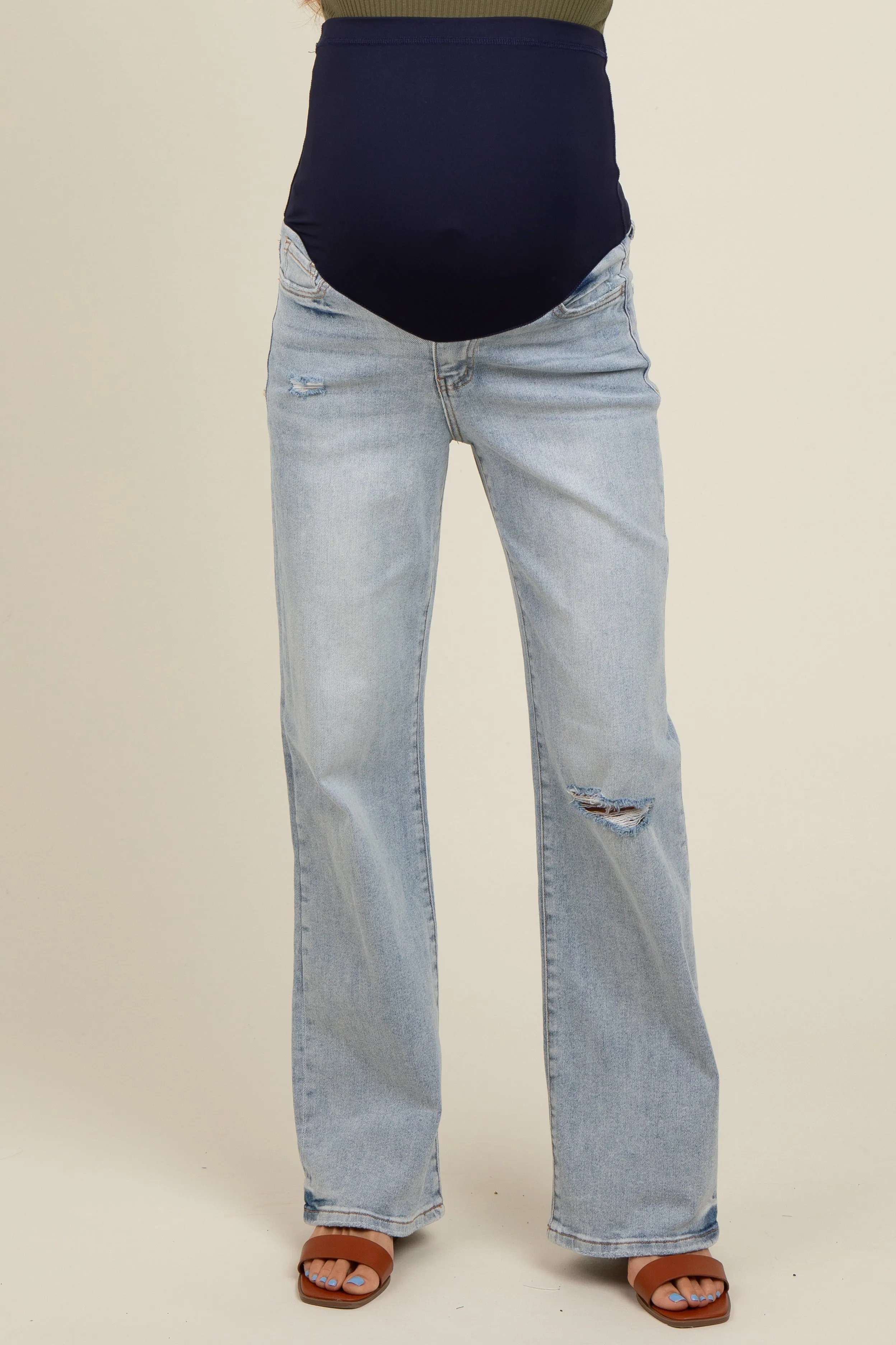 Light Blue Acid Wash Open Knee Maternity Bootcut Jeans sold by Pinkblush product image thumbnail 3