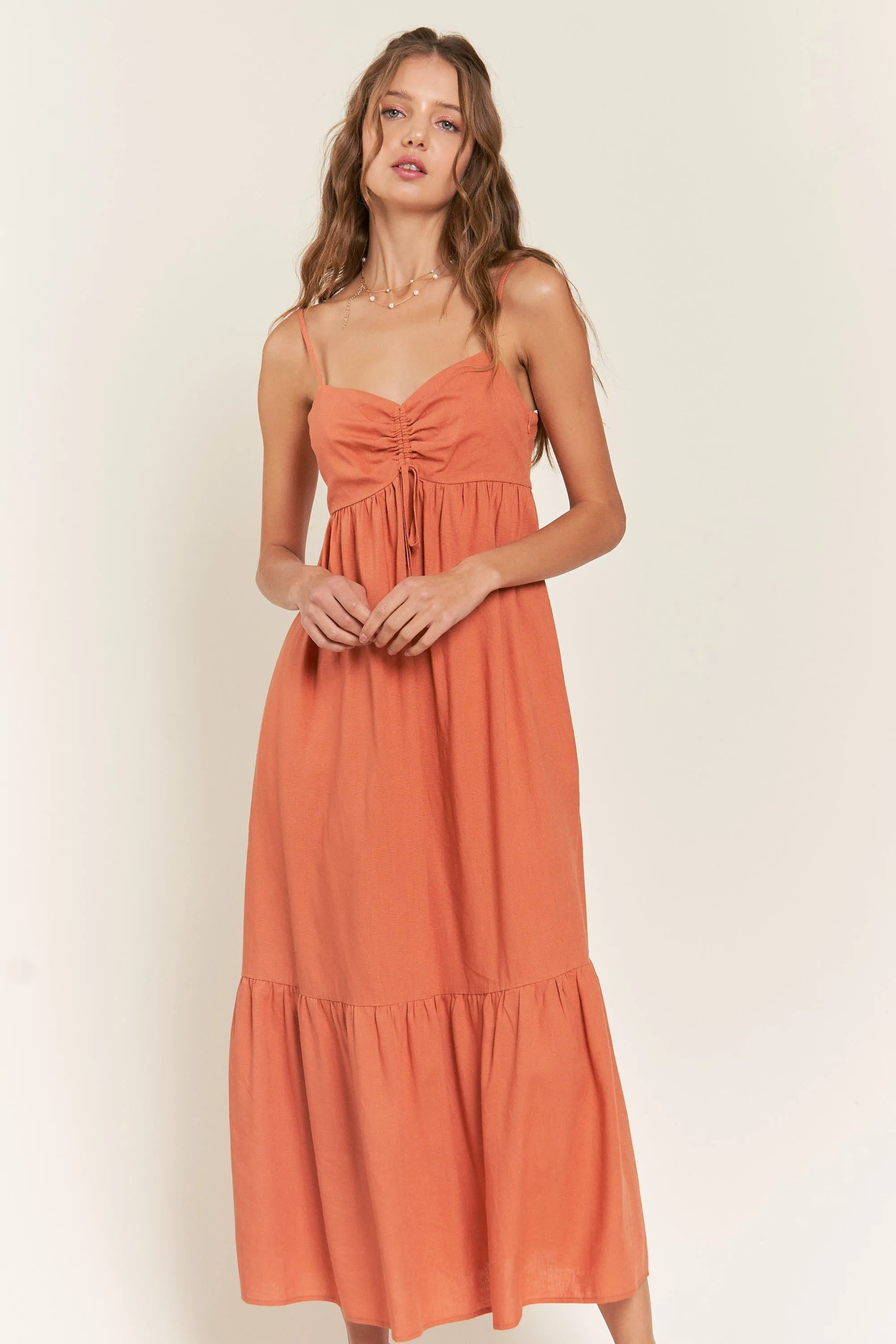 Rust Linen Front Cinch Midi Dress sold by Pinkblush product image thumbnail 4