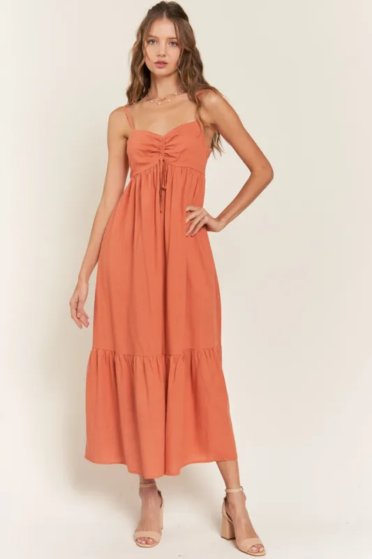 Rust Linen Front Cinch Midi Dress sold by Pinkblush