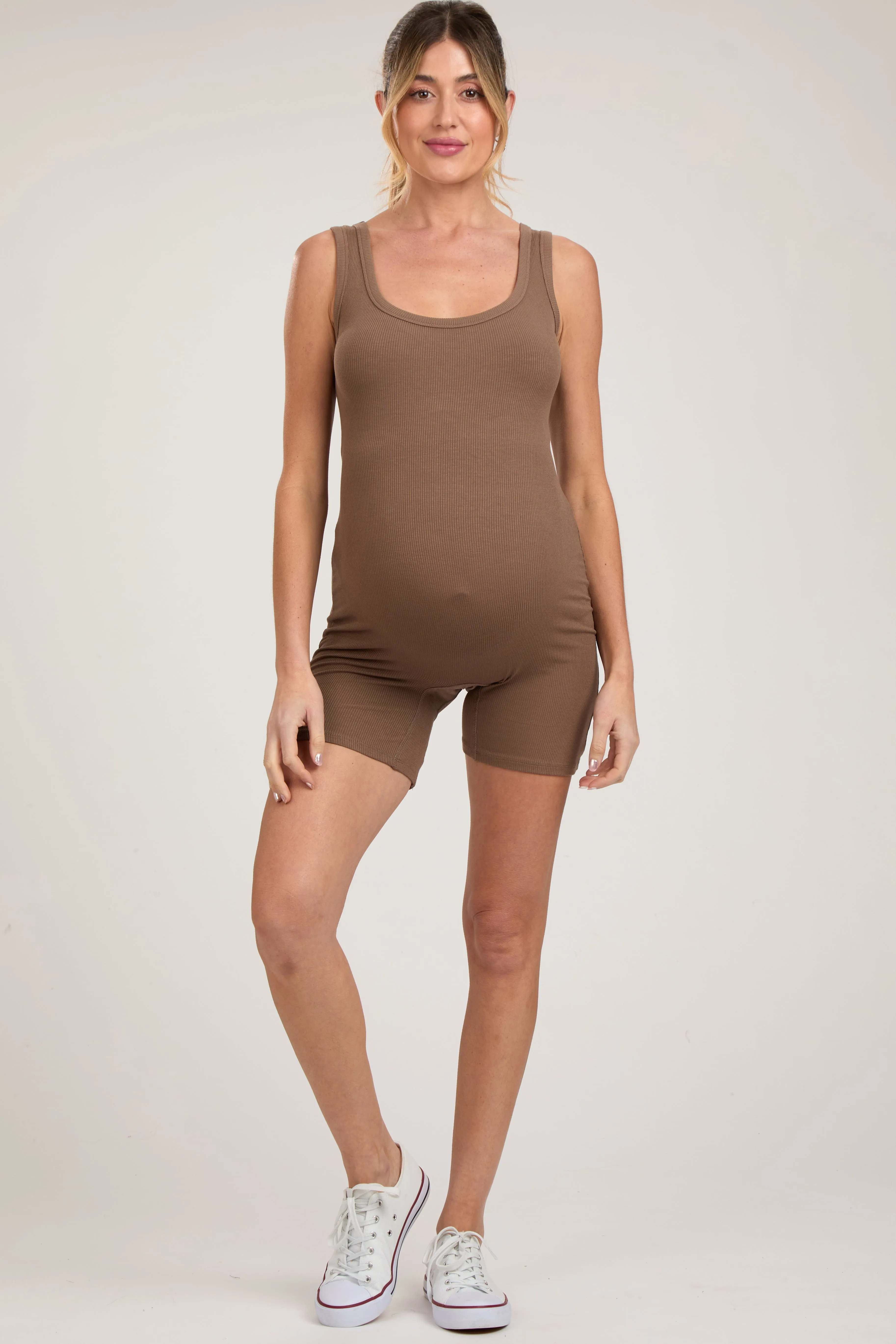 Mocha Sleeveless Ribbed Biker Short Maternity Romper sold by Pinkblush