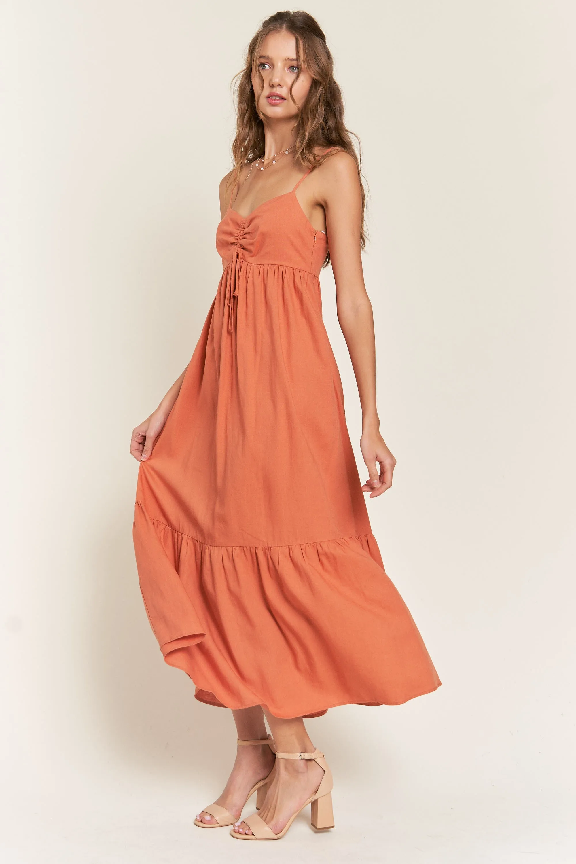 Rust Linen Front Cinch Midi Dress sold by Pinkblush product image thumbnail 2