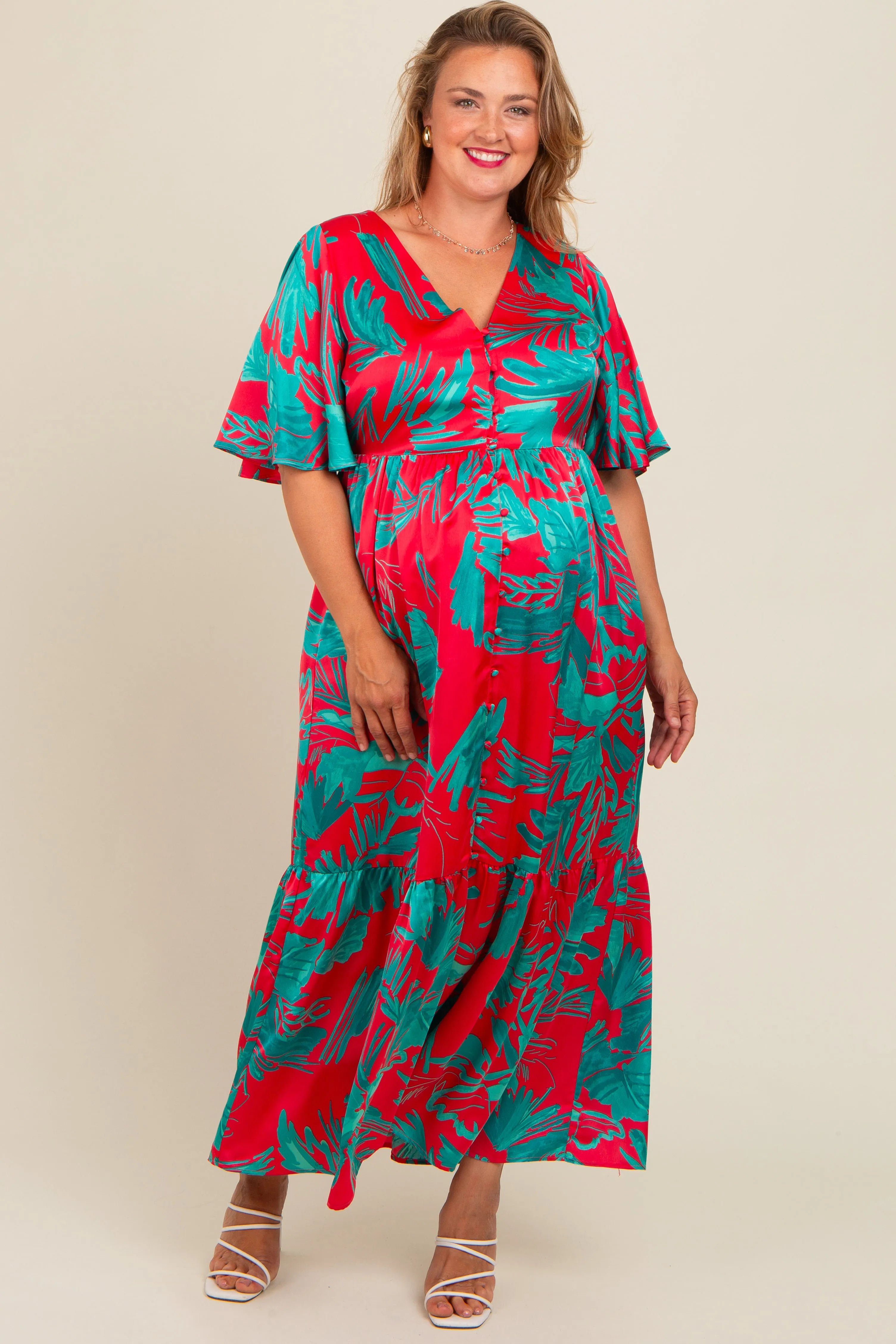 Red Satin Palm Print Button Front Maternity Plus Maxi Dress sold by Pinkblush